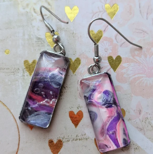 Abstract Purple and Pink Dangle Earrings - Picture 3 of 3